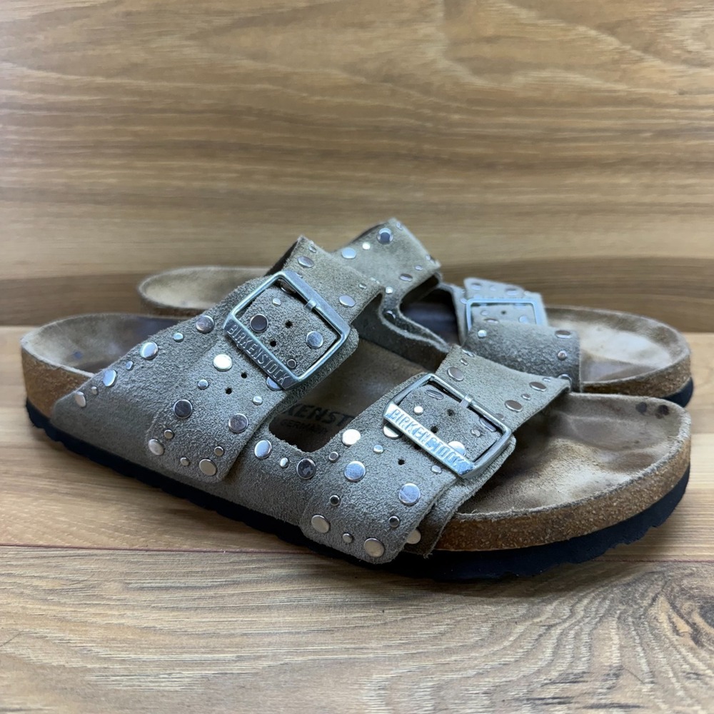 Birkenstock Arizona Rivets Studded Sandals 10 EU 41 Taupe Suede Slide Resort
